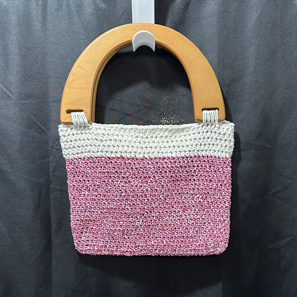 Hand Crafted Pink and White Tote with Wooden Handle